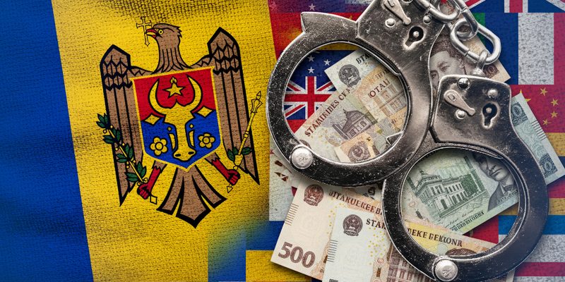 Handcuffs placed over international currencies and flags, including Moldova’s flag in the background, symbolizing global financial crime, money laundering, and international law enforcement collaboration.